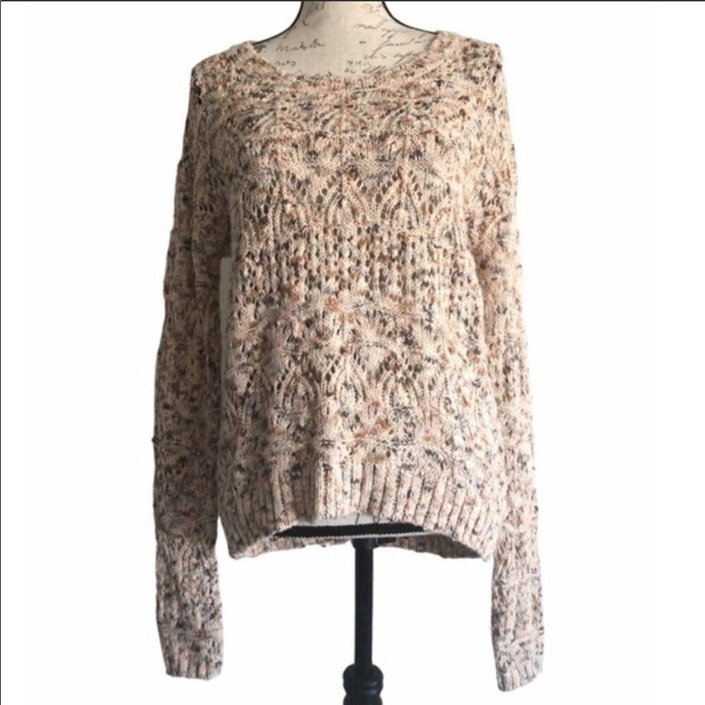 NEW NORDSTROM HINGE Cream Tan Woven Marled Chunky Knit Pullover Sweater XS - Picture 3 of 8